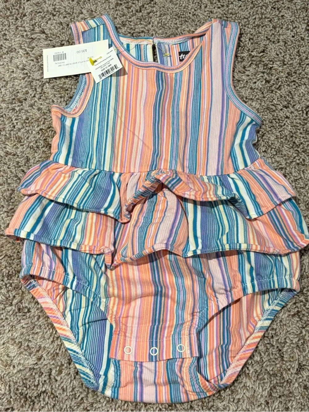Tea Collection Striped Ruffled One-Piece Bodysuit in Peach, Blue, Lavender